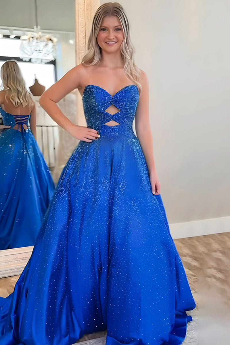 Load image into Gallery viewer, Royal Blue Strapless A-Line Beaded Long Prom Dress with Keyhole