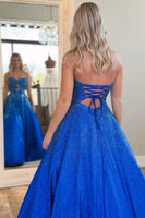 Load image into Gallery viewer, Royal Blue Strapless A-Line Beaded Long Prom Dress with Keyhole