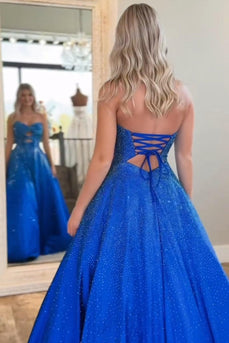 Royal Blue Strapless A-Line Beaded Long Prom Dress with Keyhole
