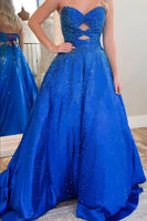 Load image into Gallery viewer, Royal Blue Strapless A-Line Beaded Long Prom Dress with Keyhole