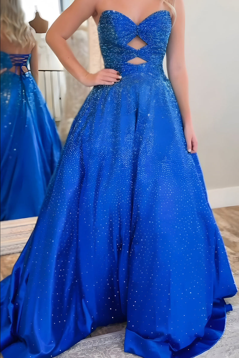 Load image into Gallery viewer, Royal Blue Strapless A-Line Beaded Long Prom Dress with Keyhole