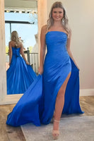 Load image into Gallery viewer, Royal Blue Strapless Beaded Long Satin Prom Dress with Slit
