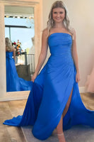 Load image into Gallery viewer, Royal Blue Strapless Beaded Long Satin Prom Dress with Slit