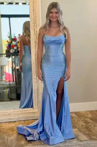 Sparkly Blue Strapless Mermaid Corset Long Prom Dress with Slit