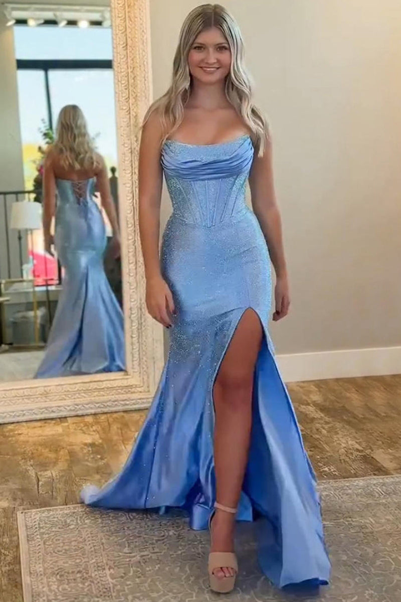 Load image into Gallery viewer, Sparkly Blue Strapless Mermaid Corset Long Prom Dress with Slit