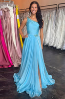 Load image into Gallery viewer, One Shoulder Beaded Blue A-Line Long Prom Dress with Slit