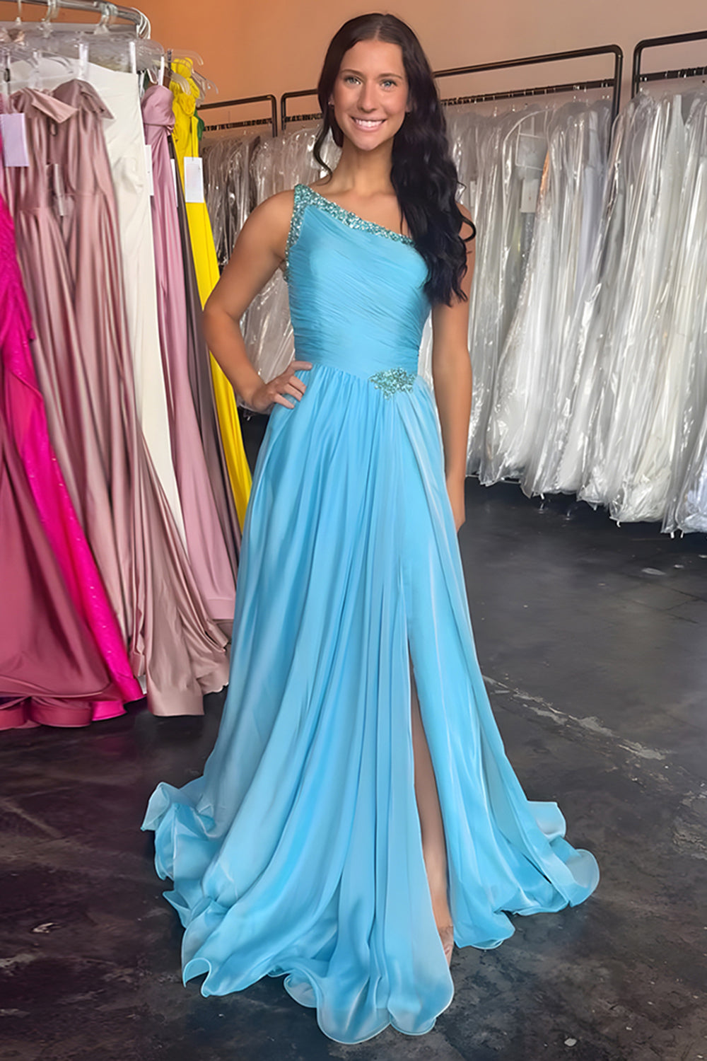 One Shoulder Beaded Blue A-Line Long Prom Dress with Slit