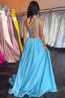 One Shoulder Beaded Blue A-Line Long Prom Dress with Slit