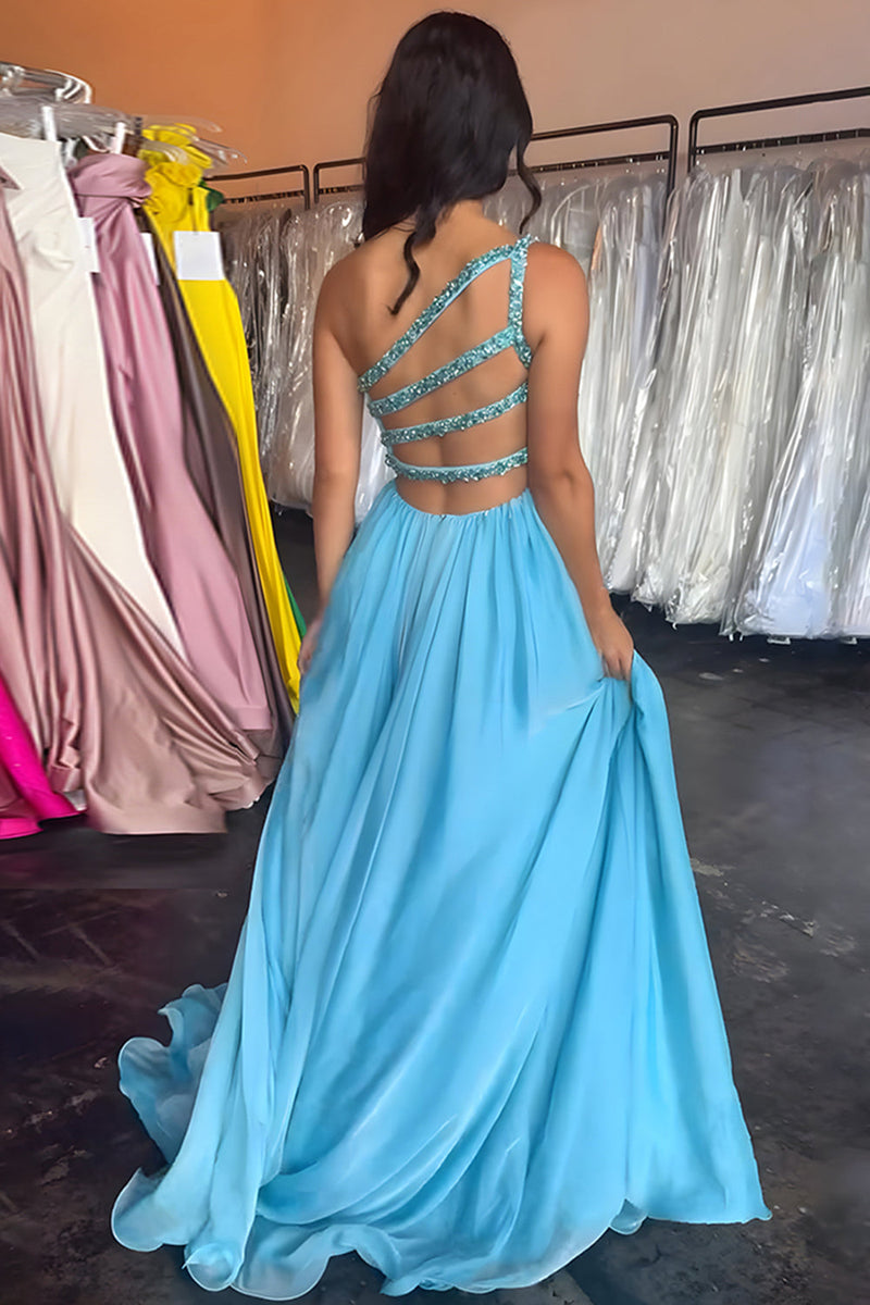 Load image into Gallery viewer, One Shoulder Beaded Blue A-Line Long Prom Dress with Slit