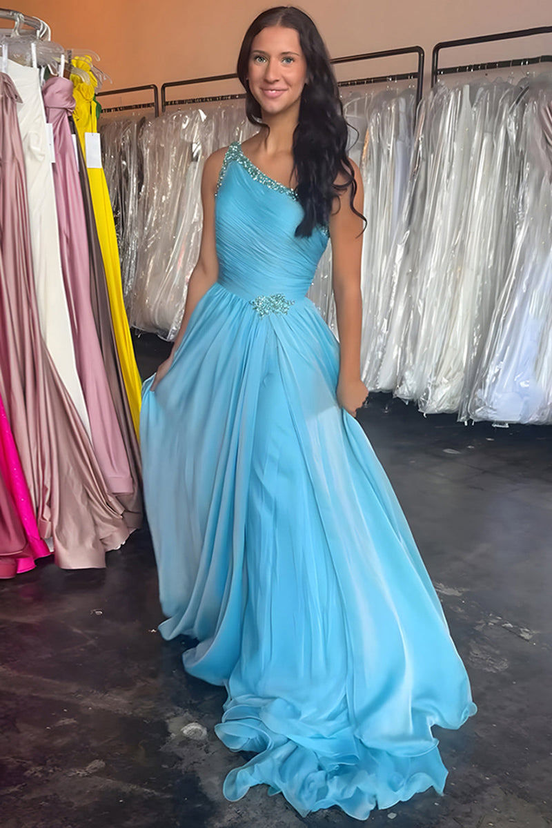 Load image into Gallery viewer, One Shoulder Beaded Blue A-Line Long Prom Dress with Slit