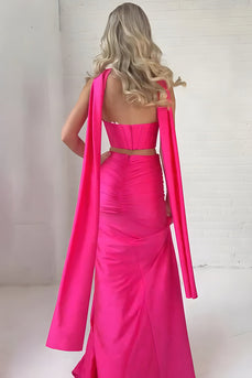Fuchsia Strapless Corset Sheath Long Prom Dress with Slit
