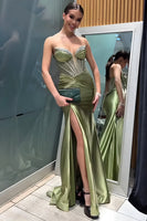 Load image into Gallery viewer, Strapless Green Mermaid Corset Long Prom Dress with Slit