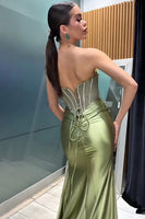 Load image into Gallery viewer, Strapless Green Mermaid Corset Long Prom Dress with Slit