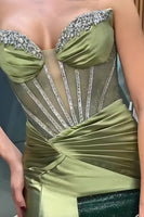 Load image into Gallery viewer, Strapless Green Mermaid Corset Long Prom Dress with Slit