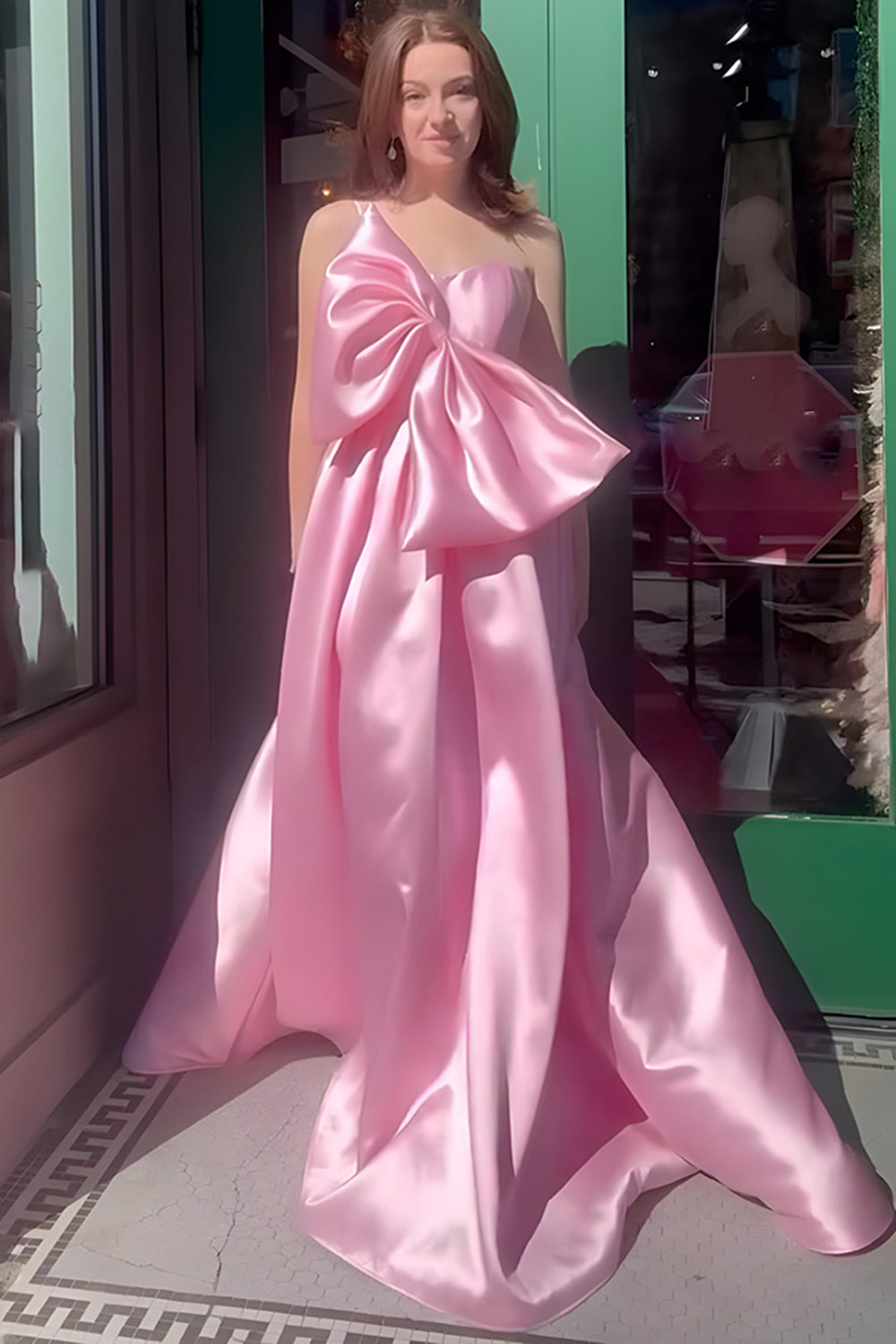 Pink A-Line One Shoulder Long Satin Prom Dress with Bow