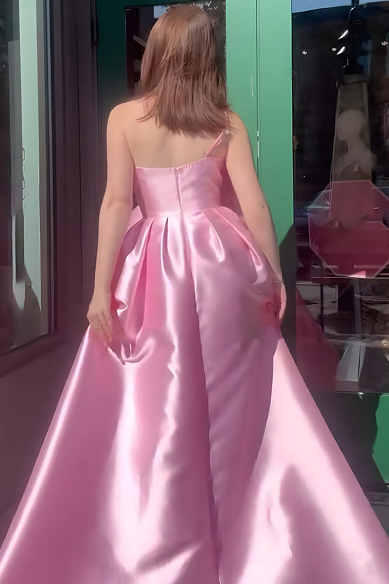 Load image into Gallery viewer, Pink A-Line One Shoulder Long Satin Prom Dress with Bow