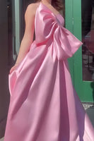 Load image into Gallery viewer, Pink A-Line One Shoulder Long Satin Prom Dress with Bow