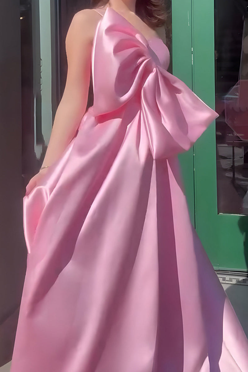 Load image into Gallery viewer, Pink A-Line One Shoulder Long Satin Prom Dress with Bow