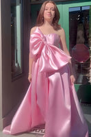 Load image into Gallery viewer, Pink A-Line One Shoulder Long Satin Prom Dress with Bow