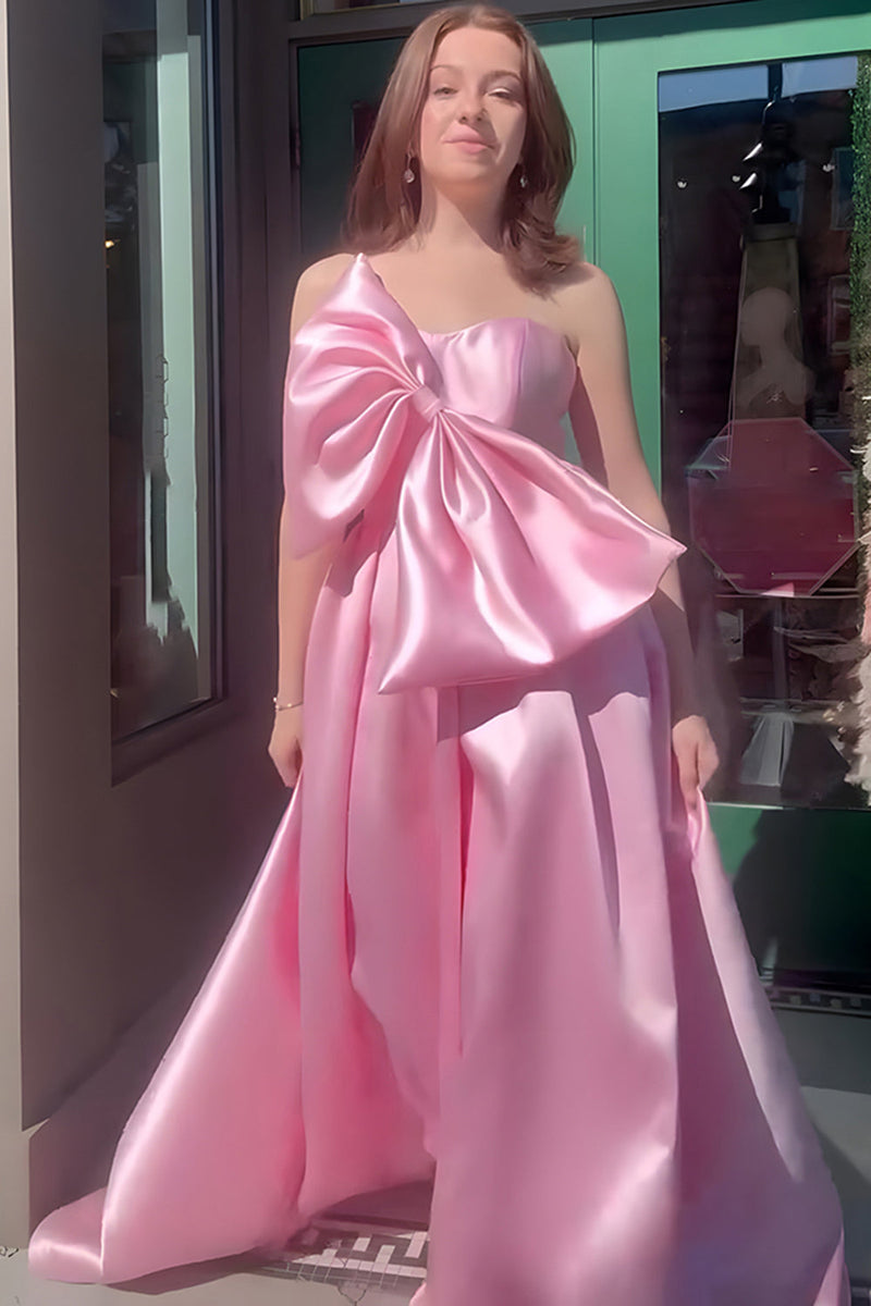 Load image into Gallery viewer, Pink A-Line One Shoulder Long Satin Prom Dress with Bow