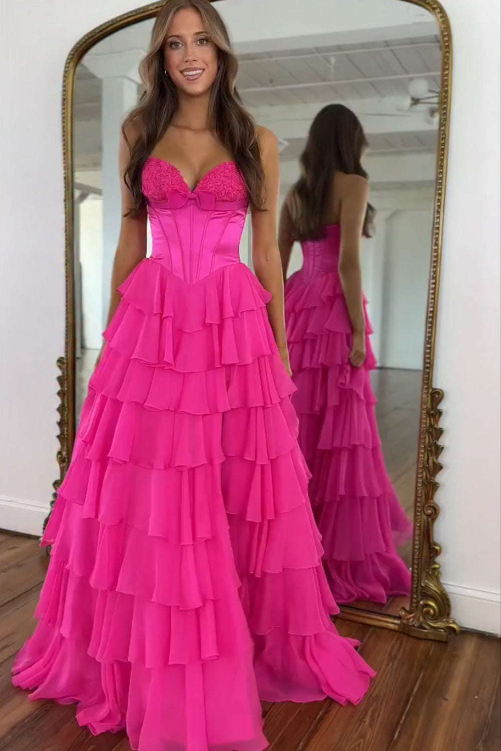 Sweetheart Fuchsia Corset A-Line Ruffled Long Prom Dress with Slit
