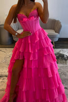 Load image into Gallery viewer, Sweetheart Fuchsia Corset A-Line Ruffled Long Prom Dress with Slit