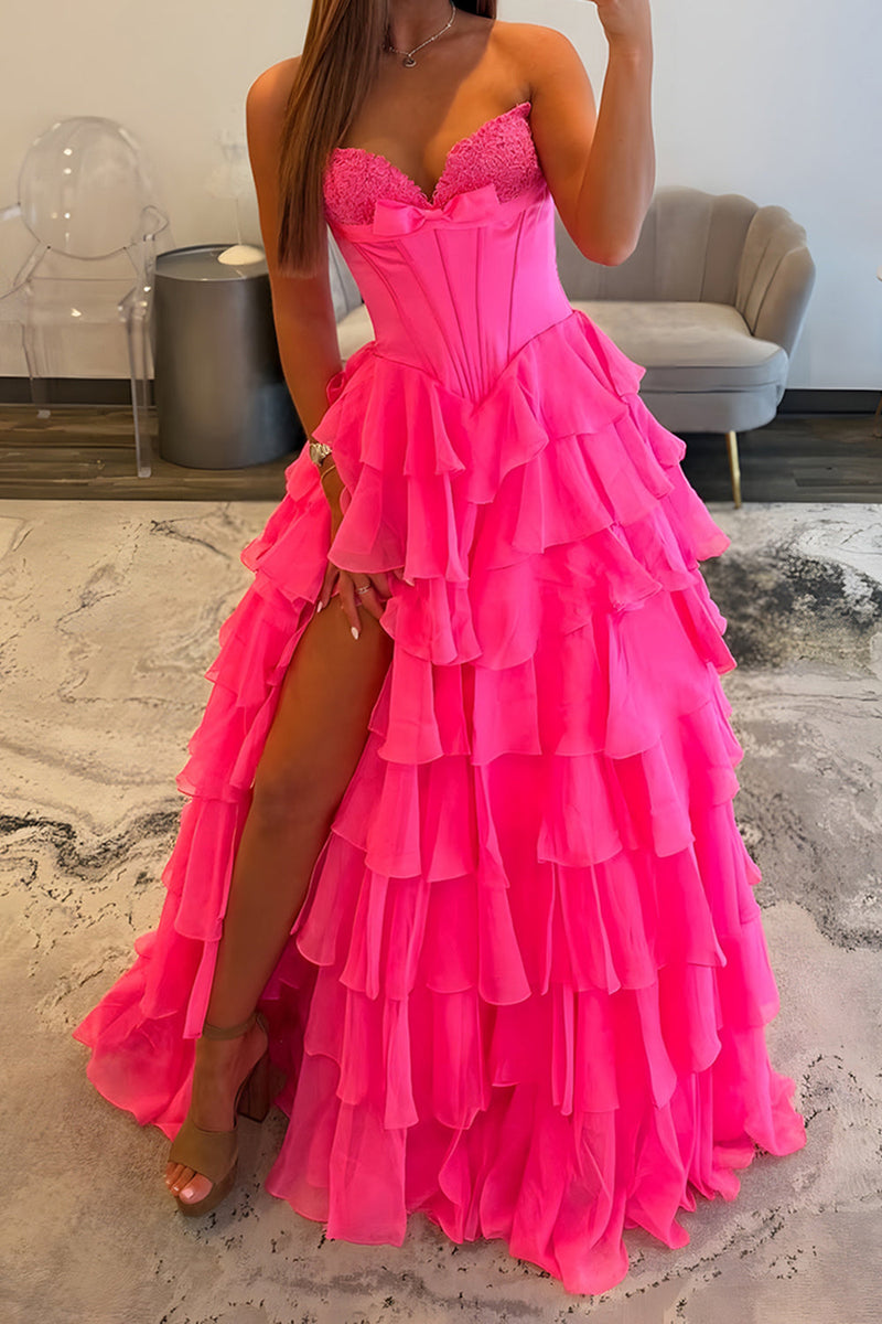 Load image into Gallery viewer, Sweetheart Fuchsia Corset A-Line Ruffled Long Prom Dress with Slit