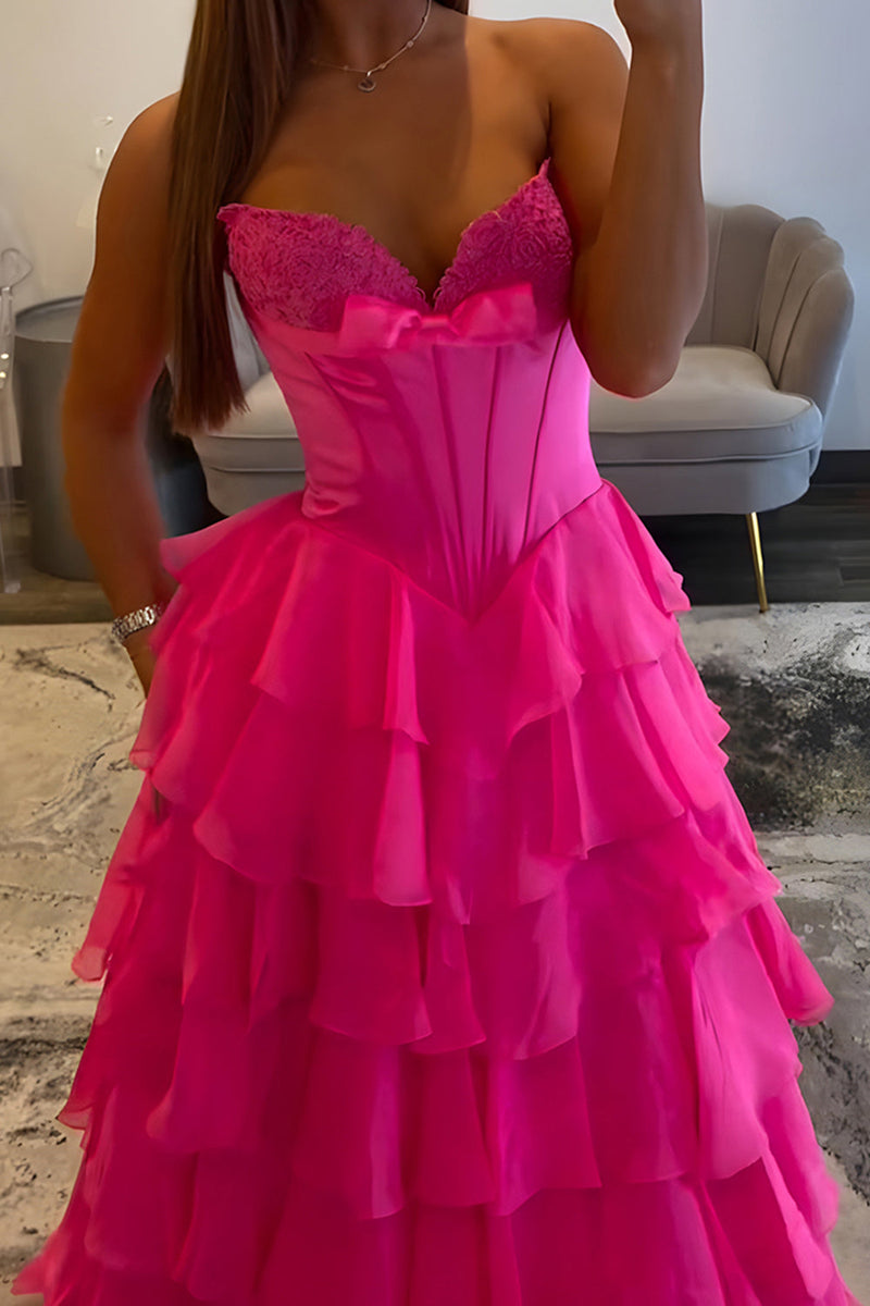 Load image into Gallery viewer, Sweetheart Fuchsia Corset A-Line Ruffled Long Prom Dress with Slit