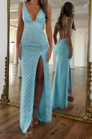 Load image into Gallery viewer, Blue Beaded Sheath V-Neck Long Prom Dress with Slit