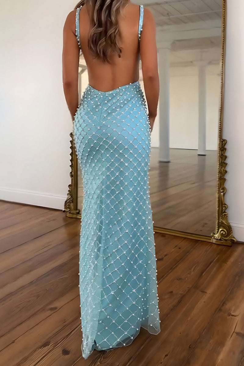 Load image into Gallery viewer, Blue Beaded Sheath V-Neck Long Prom Dress with Slit