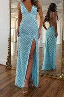 Load image into Gallery viewer, Blue Beaded Sheath V-Neck Long Prom Dress with Slit