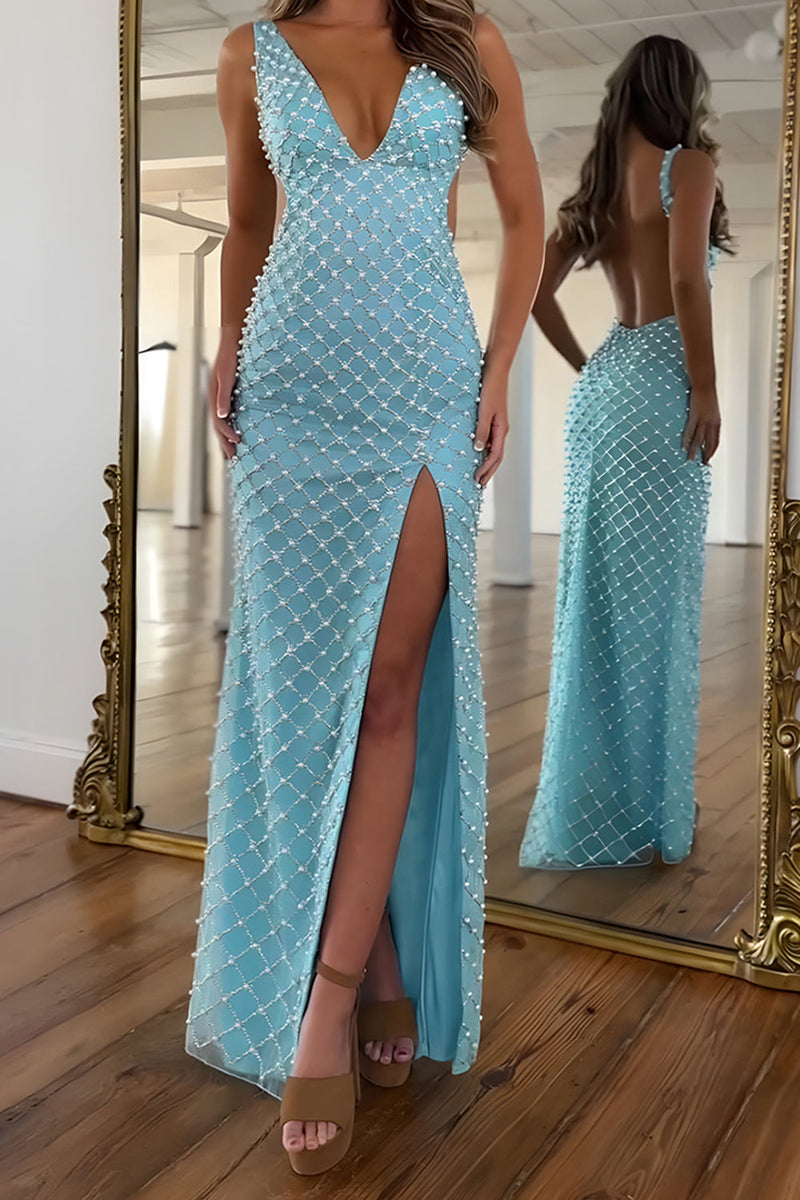 Load image into Gallery viewer, Blue Beaded Sheath V-Neck Long Prom Dress with Slit