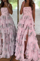 Load image into Gallery viewer, Pink Ruffled A-Line Square Neck Long Prom Dress with Slit