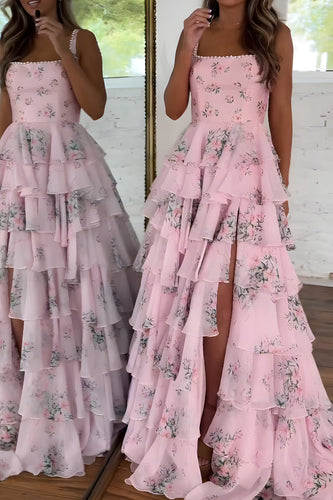 Pink Ruffled A-Line Square Neck Long Prom Dress with Slit