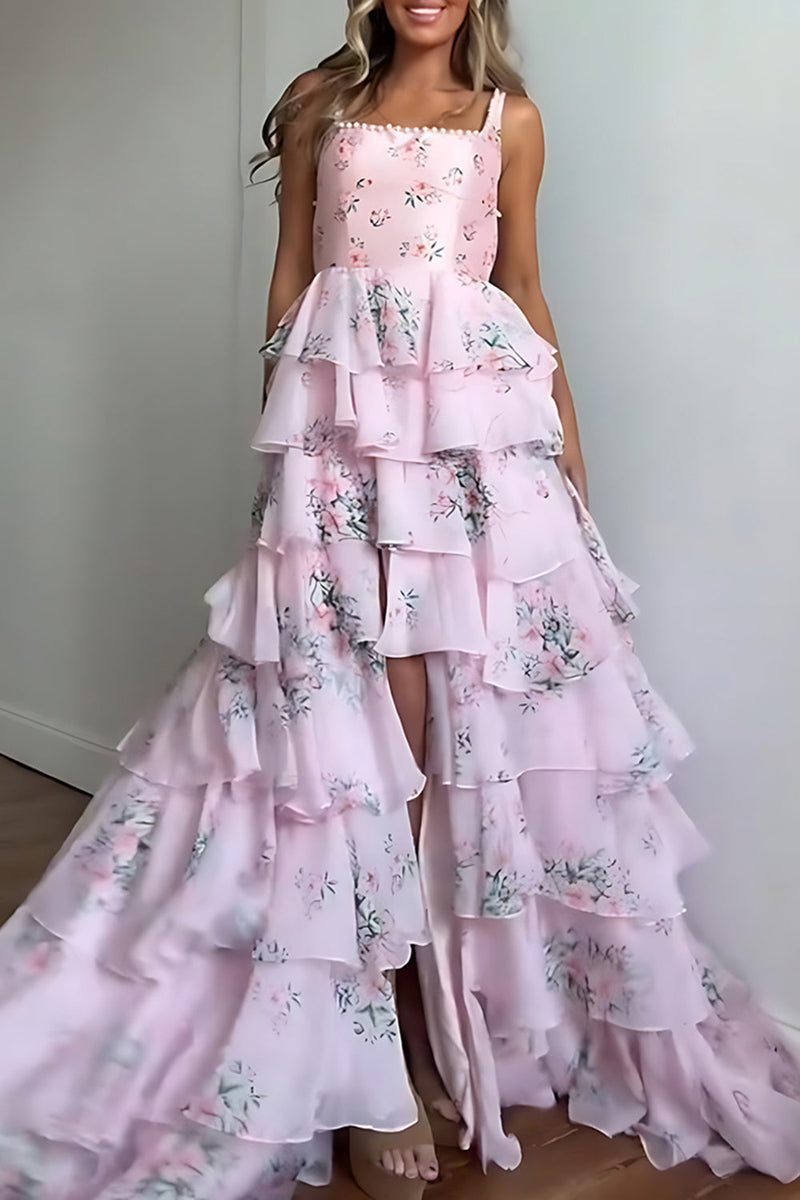 Load image into Gallery viewer, Pink A Line Floral Tiered Long Prom Dress with Ruffles