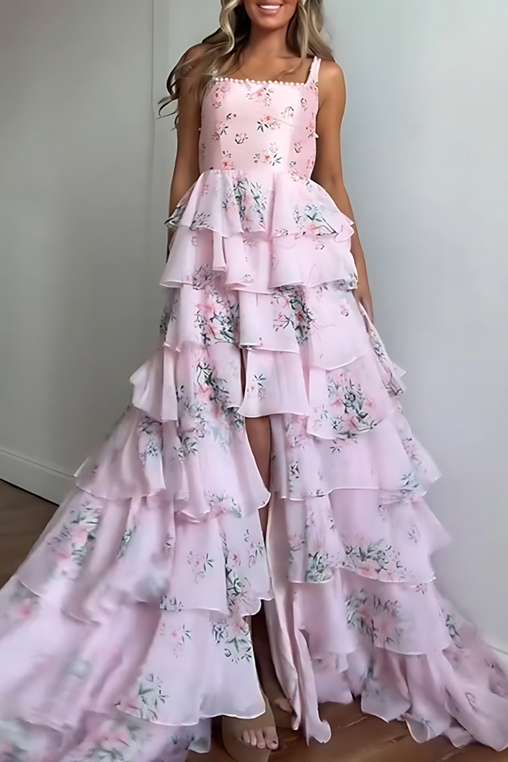 Pink A Line Floral Tiered Long Prom Dress with Ruffles