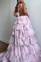 Load image into Gallery viewer, Pink A Line Floral Tiered Long Prom Dress with Ruffles