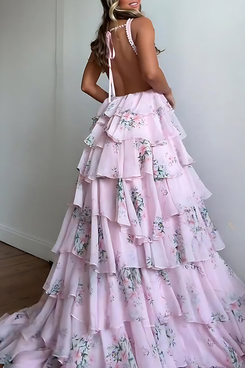Load image into Gallery viewer, Pink A Line Floral Tiered Long Prom Dress with Ruffles