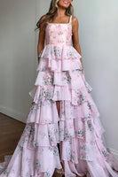 Load image into Gallery viewer, Pink A Line Floral Tiered Long Prom Dress with Ruffles