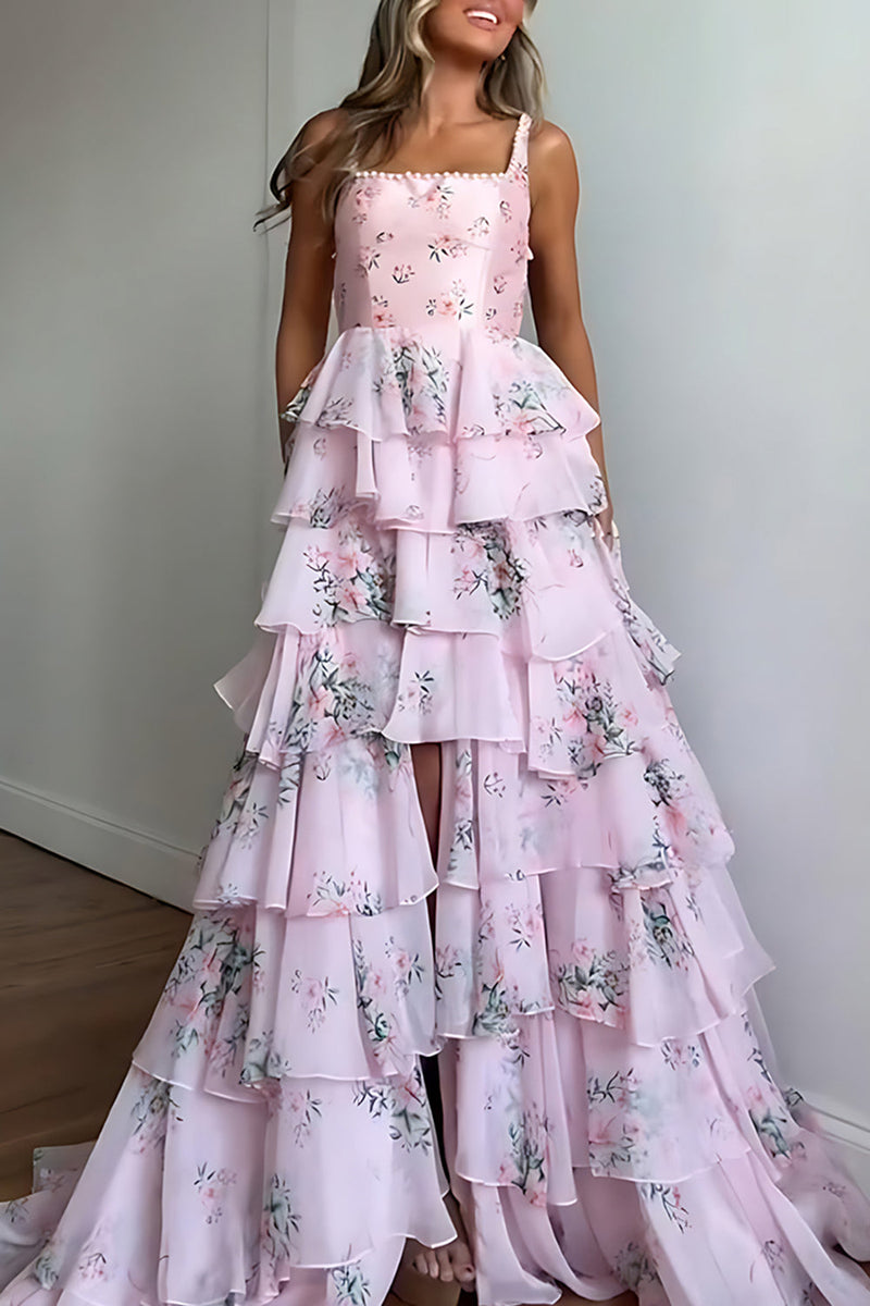 Load image into Gallery viewer, Pink A Line Floral Tiered Long Prom Dress with Ruffles