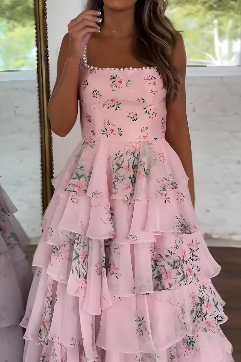Load image into Gallery viewer, Pink Ruffled A-Line Square Neck Long Prom Dress with Slit
