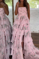 Load image into Gallery viewer, Pink Ruffled A-Line Square Neck Long Prom Dress with Slit