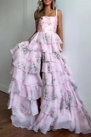 Load image into Gallery viewer, Pink A Line Floral Tiered Long Prom Dress with Ruffles