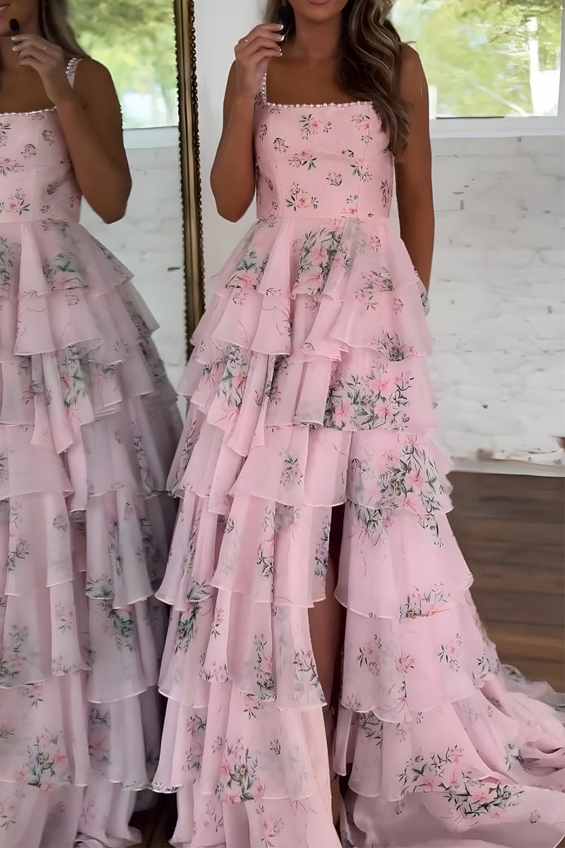Load image into Gallery viewer, Pink Ruffled A-Line Square Neck Long Prom Dress with Slit