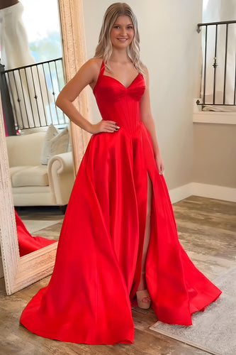 Red Halter Corset A-Line Long Prom Dress with Slit