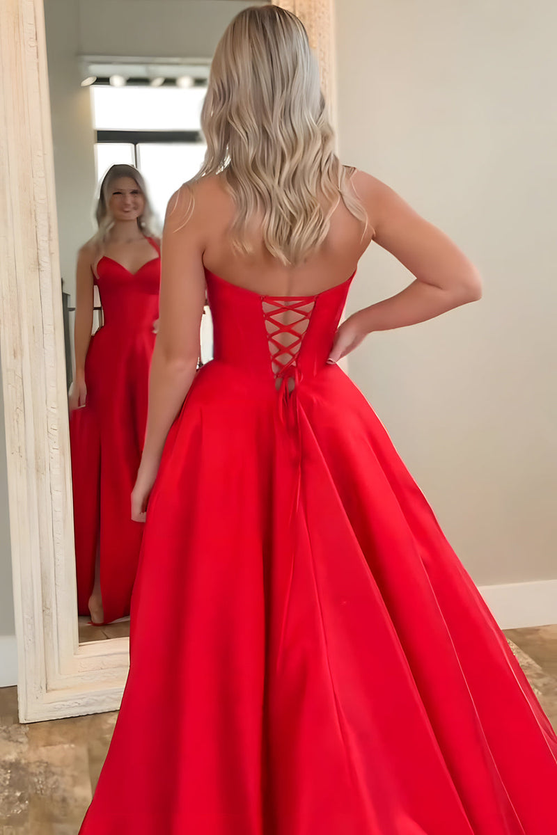 Load image into Gallery viewer, Red Halter Corset A-Line Long Prom Dress with Slit