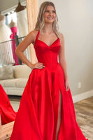 Load image into Gallery viewer, Red Halter Corset A-Line Long Prom Dress with Slit