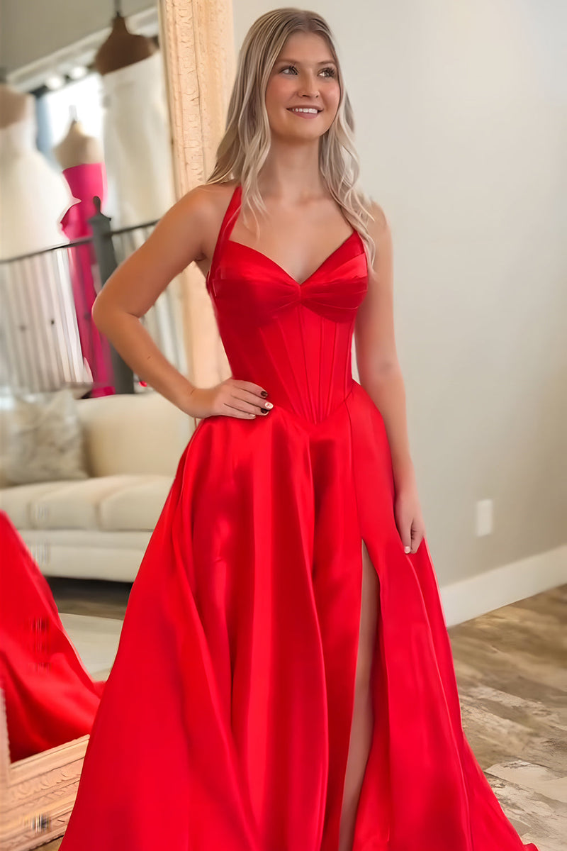 Load image into Gallery viewer, Red Halter Corset A-Line Long Prom Dress with Slit