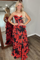 Load image into Gallery viewer, Black Red Flower Strapless Corset A-Line Long Prom Dress with Ruffles