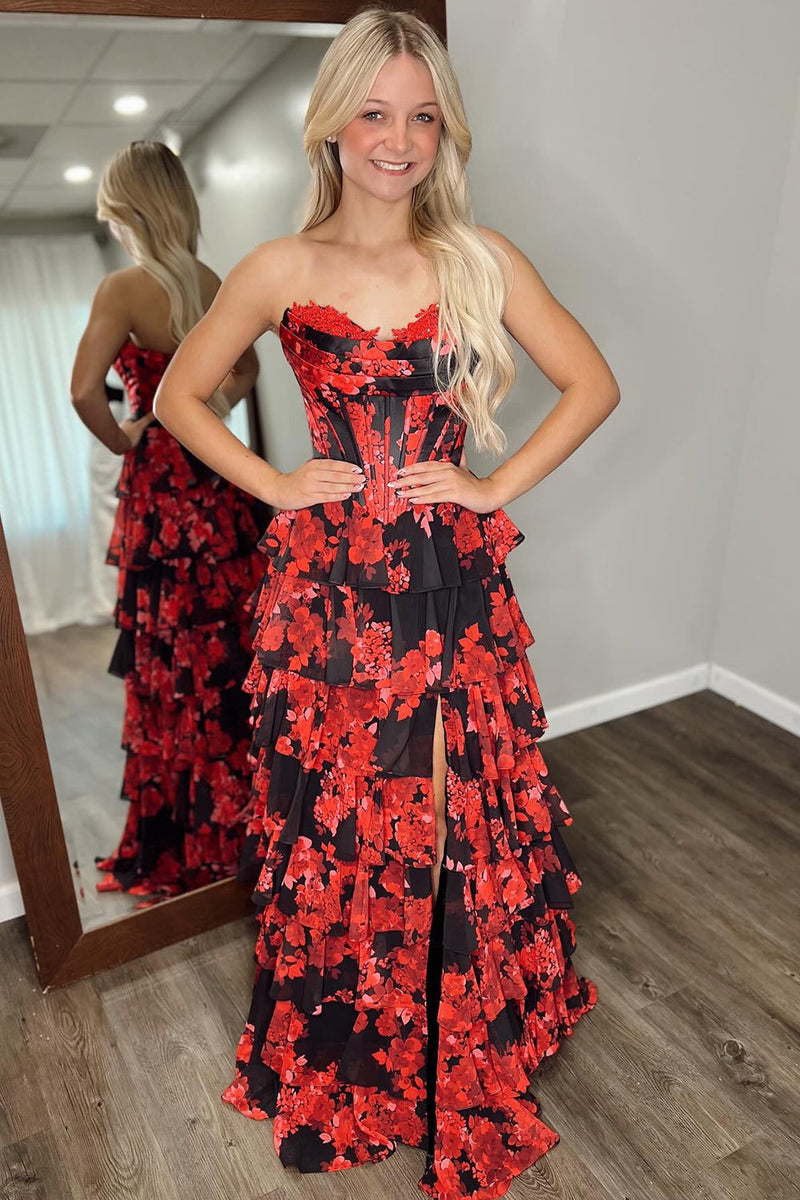 Load image into Gallery viewer, Black Red Flower Strapless Corset A-Line Long Prom Dress with Ruffles